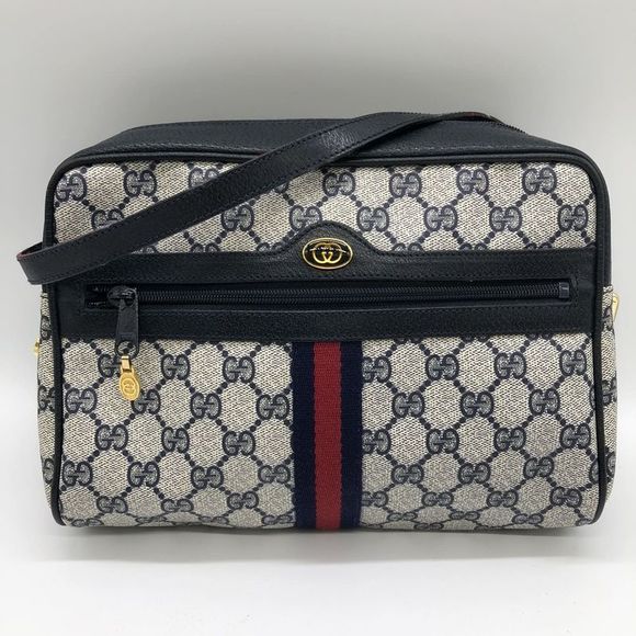 Gucci 010 378 Shoulder Bag GG Supreme Sherry Leather Navy Old Gucci Women Men - Picture 1 of 10